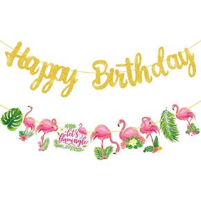 Flamingo Birthday Party Banner Hawaii Luau Birthday Party Decorations Supplies Gold Glitter Happy Birthday Banner Decorations for Tropical Flamingo Theme Birthday Party Supplies