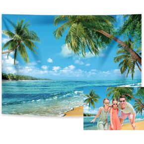 RUINI Polyester Tropical Beach Backdrop Summer Palm Trees Photography Backdrop Blue Sea Sky Sunshine Luau Themed Party Decoration 7x5FT