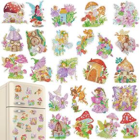 Refrigerator Diamond Art Magnets - 24PCS Fairy Butterfly Diamond Painting Magnets Set Mushroom House DIY Gem Art Kits Colorful Flower Crystal Fridge Sticker Kit for Beginner Adults Home Decors