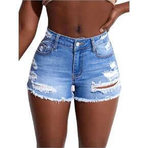 Floerns Women's Casual Skinny Jeans Ripped Raw Hem Denim Shorts with Pockets