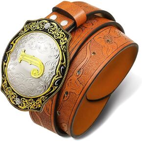 RechicGu Western Belts for Men Women, Initial Letter Big Buckle with Brown Leather Longhorn Bull Engraved Cowboy Belt