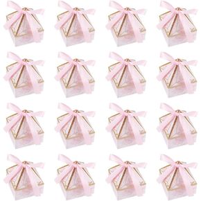 BENECREAT 60pcs Pink Wedding Gift Box, Diamond Shape Candy Box with Bow Ribbon, Diamond Shape Candy Box for Wedding, Bridal Party, Birthday Party Decoration, 27.5x27.5x33.4inch