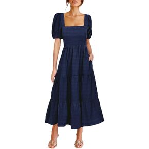 GOLDSTITCH Women's Casual Summer Midi Dress Puffy Short Sleeve Square Neck Smocked Tiered Ruffle Dresses