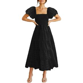 GOLDSTITCH Women's Casual Summer Midi Dress Puffy Short Sleeve Square Neck Smocked Tiered Ruffle Dresses in Kuwait