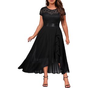 Knitee Women's Plus Size Floral Lace Ruffle Contrast Chiffon Formal Bridesmaid Party Cocktail Maxi Dress