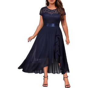 Knitee Women's Plus Size Floral Lace Ruffle Contrast Chiffon Formal Bridesmaid Party Cocktail Maxi Dress