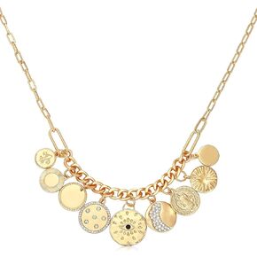 Dainty Gold Evil Eye Hamsa Hand Coin Lucky Charm Pendant Necklace for Women Girls Trendy Vintage Paperclip Chain Sun Moon Clover Flower Chunky Charm Necklace Jewelry Gifts