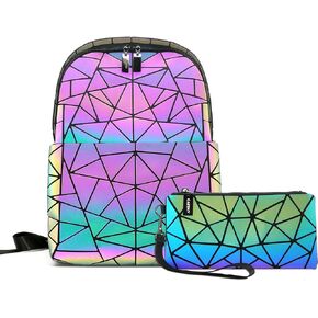 Geometric Women's Backpack Geometries Glow Large Purse Laptop Backpack Geometrical Luminous Laptop Bag Holographic Travel Bags Retro Daypack for Casual, College, Work Set-B