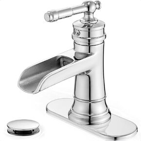 Waterfall Faucet, Brass Oil Rubbed Bronze Bathroom Faucet 1 Hole, Single Handle Bathroom Faucets, 4 Inch 3 Hole Bathroom Sink Faucet with Pop Up Drain Deck Plate & Supply Hoses for Farmhouse