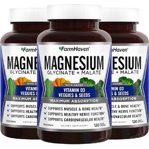 FarmHaven Magnesium Glycinate & Malate Complex w/ Vitamin D3, 100% Chelated for Max Absorption, Vegan – Bone Health, Nerves, Muscles, 360 Capsules, 180 Days