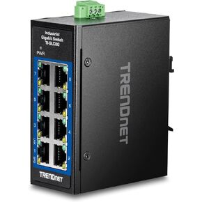 TRENDnet 8-Port Industrial Gigabit DIN-Rail Mini Switch, TI-GLC80, 8 x Gigabit Ports, Extreme Temperature IP30 Rated, 16Gbps Switch Capacity, Black