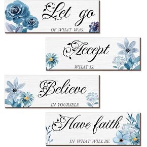 Joyhawk 4 Pieces Blue Flower Wall Decor For Bedroom, Accept-Let go-Have faith-Believe Wooden Inspirational Wall Art Decorations for Living Room Bathroom,Rustic Wooden Farmhouse Home Decor, 12 x 4 Inch
