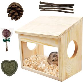 Wooden Hamster House Guinea Pig Natural Hideout Hut Chinchilla Sand Bath Container Transparent Acrylic Hamsters Digging Box Small Animal Habitat Decor for Gerbil Rats Lemmings Hedgehog Squirrel