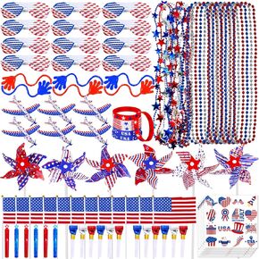 Bulk Patriotic Party Favors Toy Jewelry Assortments American USA Flag Beaded Necklaces Tattoo Sunglasses Pinwheels Red White Blue for Patriotic 4th of July Memorial Day Kids Classroom Rewards Prizes
