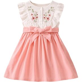 SweatyRocks Girl's Cute Sleeveless Ruffle Trim Dress Floral Embroidery Button Tie Front Short Dress