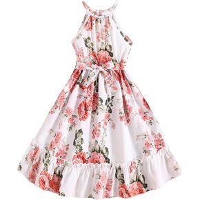 Verdusa Girl's Floral Print Sleeveless Ruffle Hem Belted A Line Summer Halter Dress