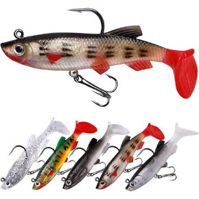 5 Pcs Fishing Lures, Pre-Rigged Jig Head Swim Baits for Bass Fishing, Soft Plastic Swimbaits with Hooks,Paddle Tail Swim Baits for Saltwater and Freshwater Trout Walleye Crappie PR-238