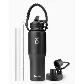Trebo 40oz Insulated Water Bottle that Fits in Cup Holder, Stainless Steel Double Wall Tumbler Bottles with Paracord Handle, Flask with Straw Spout Lids, Keep Cold for 48 Hrs/Hot 24 Hrs,Cotton Candy