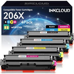 خراطيش حبر INKCLOUD 206X مكونة من 4 قطع (مع شريحة) بديلة متوافقة لـ HP 206X A W2110A W2110X تعمل مع حبر طابعة HP Color Pro MFP M283fdw M283cdw M283 Pro M255 M255dw حبر عالي الإنتاجية in Kuwait