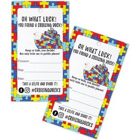 Autism Awareness Cruising Ducks Tag with Hole | 30 Pack | Carnival Rubber Cruising Duck Tag | Printed Physical Tags 2 x 3.5" inches | Autism Puzzle Piece Design | #CruisingDucks