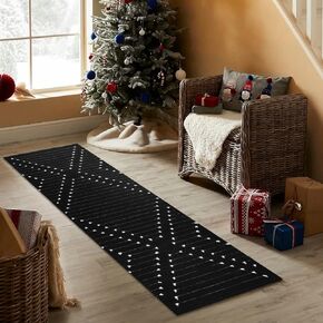 Boho Kitchen Rug 2'x3' Small Bathroom Rug with Tassels,Black Cotton Moroccan Farmhouse Bath Mat Woven Cute Geometric Throw Rug Washable for Entry Hallway Sink Bedroom Living Room Indoor Outdoor Decor