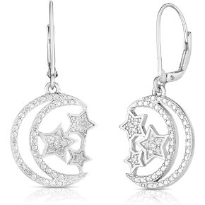 Natalia Drake Moon Star Leverback Dangle 1/7 Cttw Diamond Earrings for Women in Rhodium Plated 925 Sterling Silver