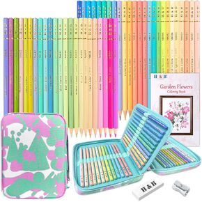 LBW Pastel Colored Pencils, Set of 50 Macaron Colored Pencils, Adult Coloring Book with Zipper Case, Eraser, Sharpener, Soft Core Drawing Pencils for Adults Kids Artists Beginners