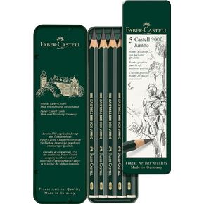 Faber-Castell 5 Piece Quality Castell 9000 Jumbo Graphite Pencils in a Tin, Including HB, 2B, 4B, 6B and 8B,Black