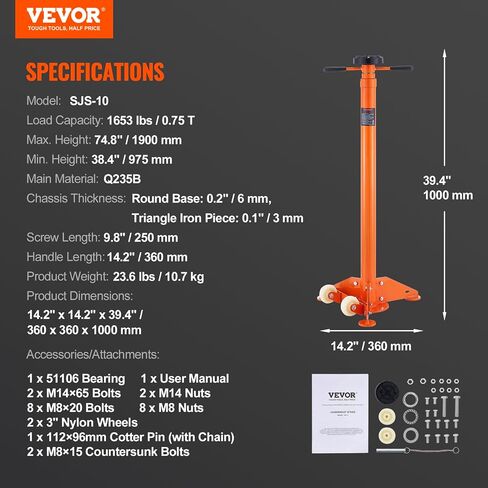 VEVOR SJS-10 Underhoist 3/4 Ton Capacity Under Hoist Jack Stand, Lifting from 38.4" to 74.8", Bearing Mounted Spin Handle, Two Wheels, Self-Locking Threaded Screw, Support Vehicle Components, Orange in Saudi Arabia