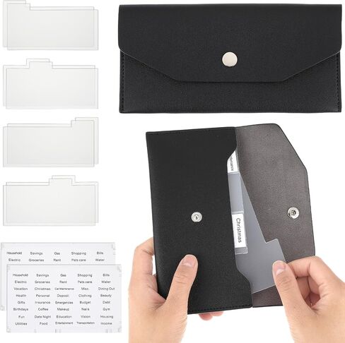 Cash Envelope Wallet Black PU leather budget cash envelopes divider wallet label sticker budget envelopes set suitable for budget planners and cash organizer in Saudi Arabia
