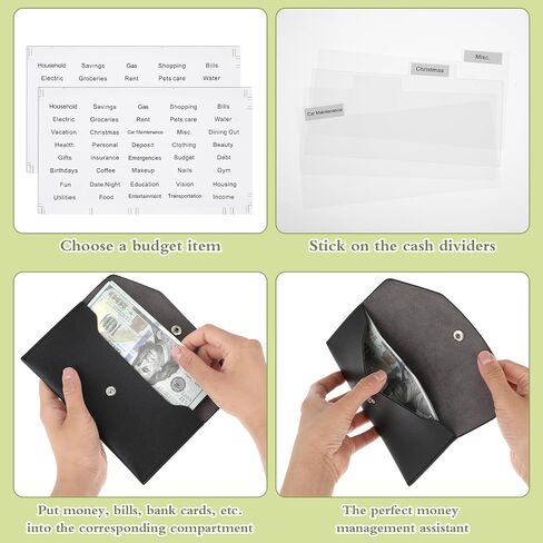Cash Envelope Wallet Black PU leather budget cash envelopes divider wallet label sticker budget envelopes set suitable for budget planners and cash organizer in Saudi Arabia