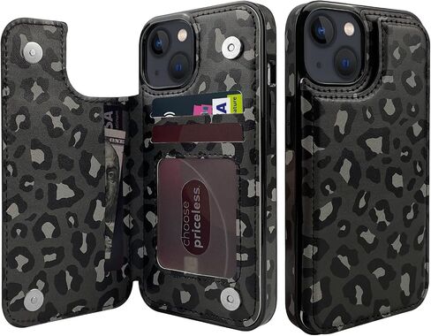Flip Leather Wallet Case Card Holder Compatible with iPhone 13 and 14 6.1" Women and Girls with Card Holder Kickstand Double Magnetic Clasp Brown Cow Pattern in Kuwait