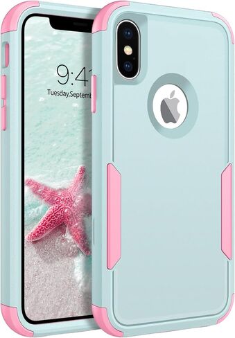 حافظة BENTOBEN iPhone X، حافظة iPhone Xs، 3 في 1 شديدة التحمل من البولي كربونات الصلبة الهجينة الناعمة من مادة TPU المقاومة للصدمات وغير قابلة للانزلاق غطاء حماية لهاتف iPhone X (2017) / iPhone Xs (2018) 5.8 بوصة، أخضر/وردي in Kuwait