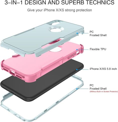 حافظة BENTOBEN iPhone X، حافظة iPhone Xs، 3 في 1 شديدة التحمل من البولي كربونات الصلبة الهجينة الناعمة من مادة TPU المقاومة للصدمات وغير قابلة للانزلاق غطاء حماية لهاتف iPhone X (2017) / iPhone Xs (2018) 5.8 بوصة، أخضر/وردي in Kuwait