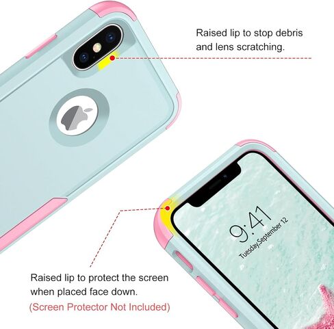 حافظة BENTOBEN iPhone X، حافظة iPhone Xs، 3 في 1 شديدة التحمل من البولي كربونات الصلبة الهجينة الناعمة من مادة TPU المقاومة للصدمات وغير قابلة للانزلاق غطاء حماية لهاتف iPhone X (2017) / iPhone Xs (2018) 5.8 بوصة، أخضر/وردي in Kuwait