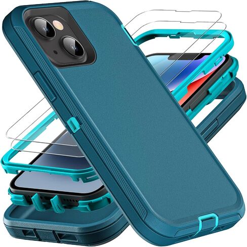 for iPhone 13 Case/iPhone 14 Case, Military Grade 3 in 1 Heavy Duty Shockproof/Drop Proof/Dust Proof Case with 2Pcs Tempered Glass Screen Protector (Aqua Blue/Pink) in Saudi Arabia