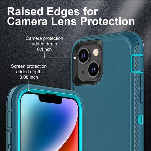 for iPhone 13 Case/iPhone 14 Case, Military Grade 3 in 1 Heavy Duty Shockproof/Drop Proof/Dust Proof Case with 2Pcs Tempered Glass Screen Protector (Aqua Blue/Pink) in Saudi Arabia