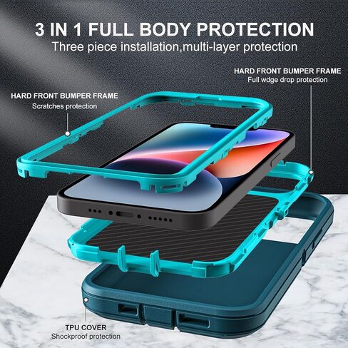 for iPhone 13 Case/iPhone 14 Case, Military Grade 3 in 1 Heavy Duty Shockproof/Drop Proof/Dust Proof Case with 2Pcs Tempered Glass Screen Protector (Aqua Blue/Pink) in Saudi Arabia