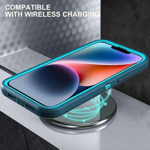 for iPhone 13 Case/iPhone 14 Case, Military Grade 3 in 1 Heavy Duty Shockproof/Drop Proof/Dust Proof Case with 2Pcs Tempered Glass Screen Protector (Aqua Blue/Pink) in Saudi Arabia