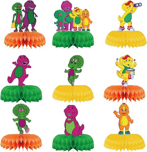 9-Piece Barney and Friends Birthday Decorations, Cartoon Theme Honeycomb Table Centerpiece for Kids and Adults, Vibrant Party Decoration Extravaganza in Saudi Arabia