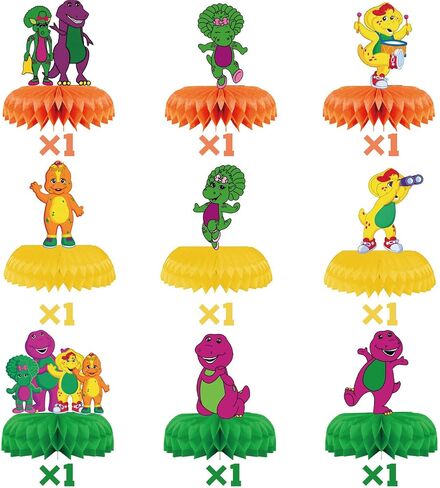 9-Piece Barney and Friends Birthday Decorations, Cartoon Theme Honeycomb Table Centerpiece for Kids and Adults, Vibrant Party Decoration Extravaganza in Saudi Arabia