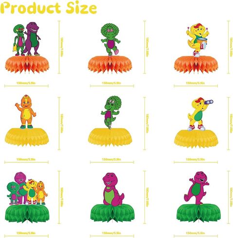 9-Piece Barney and Friends Birthday Decorations, Cartoon Theme Honeycomb Table Centerpiece for Kids and Adults, Vibrant Party Decoration Extravaganza in Saudi Arabia