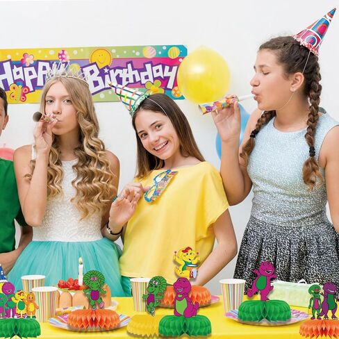 9-Piece Barney and Friends Birthday Decorations, Cartoon Theme Honeycomb Table Centerpiece for Kids and Adults, Vibrant Party Decoration Extravaganza in Saudi Arabia