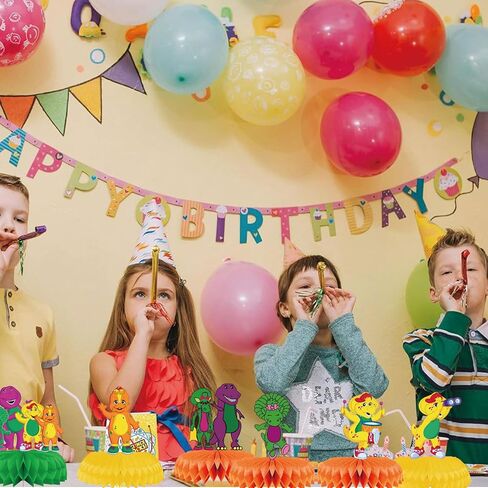 9-Piece Barney and Friends Birthday Decorations, Cartoon Theme Honeycomb Table Centerpiece for Kids and Adults, Vibrant Party Decoration Extravaganza in Saudi Arabia