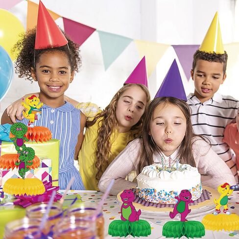 9-Piece Barney and Friends Birthday Decorations, Cartoon Theme Honeycomb Table Centerpiece for Kids and Adults, Vibrant Party Decoration Extravaganza in Saudi Arabia