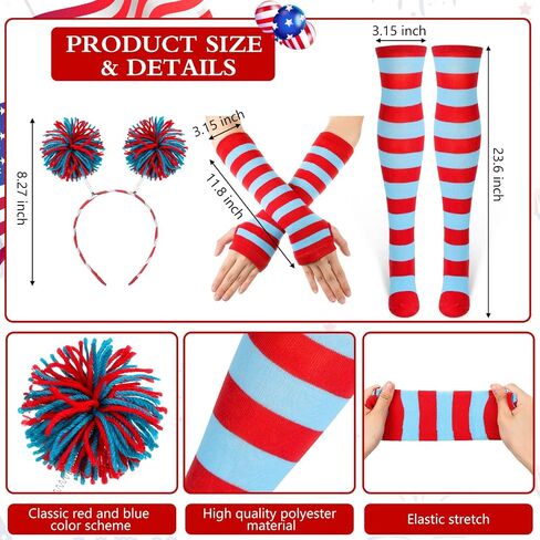 6 Pcs Independence Day Accessories Include 2 Pcs Pom Pom Headbands 2 Pairs 4th of July Red Blue Striped Socks and 2 Pairs Stretchy Gloves for Women Girl Independence Day Party in Saudi Arabia