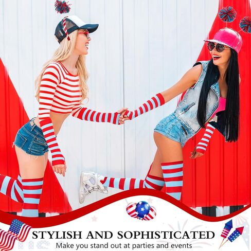 6 Pcs Independence Day Accessories Include 2 Pcs Pom Pom Headbands 2 Pairs 4th of July Red Blue Striped Socks and 2 Pairs Stretchy Gloves for Women Girl Independence Day Party in Saudi Arabia