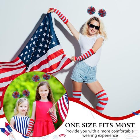6 Pcs Independence Day Accessories Include 2 Pcs Pom Pom Headbands 2 Pairs 4th of July Red Blue Striped Socks and 2 Pairs Stretchy Gloves for Women Girl Independence Day Party in Saudi Arabia