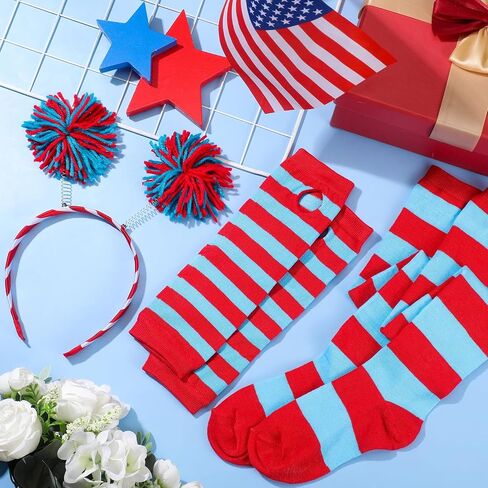 6 Pcs Independence Day Accessories Include 2 Pcs Pom Pom Headbands 2 Pairs 4th of July Red Blue Striped Socks and 2 Pairs Stretchy Gloves for Women Girl Independence Day Party in Saudi Arabia