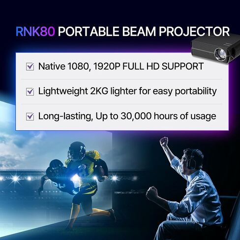 جهاز عرض محمول RnK80 | شاشة سينما منزلية مدمجة عالية الدقة مقاس 120 بوصة واتصال ذكي للأفلام والألعاب والعروض التقديمية | استمتع بالسينما المنزلية في أي مكان in Saudi Arabia
